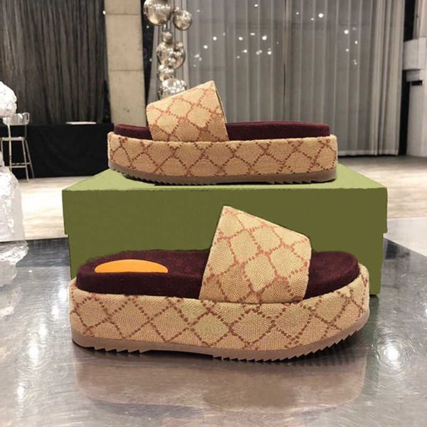 

2022 womens fashion embroidered canvas designer slides slip on slippers girls 60mm canvas covered platform sandals with box and dust bags, Black