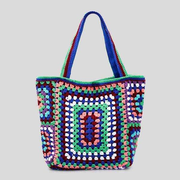 Bolsas de ombro da Bohemian Paisley Crochet Mulher tricotaram bolsas de bolsa grande casual Bolsas de senhora Big Shopper Bolsa Summer Beach Bag 220505