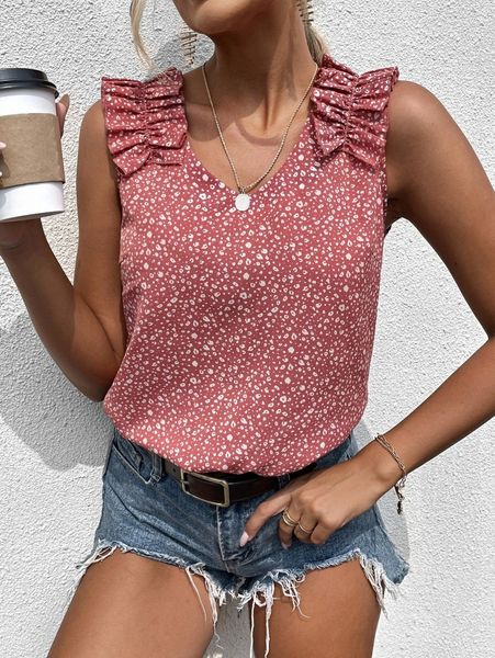 

allover print ruffle trim blouse a1jo#, White