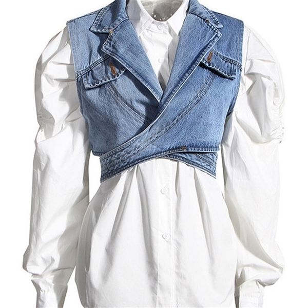 

[eam] women blue denim irregular blouse lapel long puff sleeve loose fit shirt fashion spring autumn 1z595 220419, White