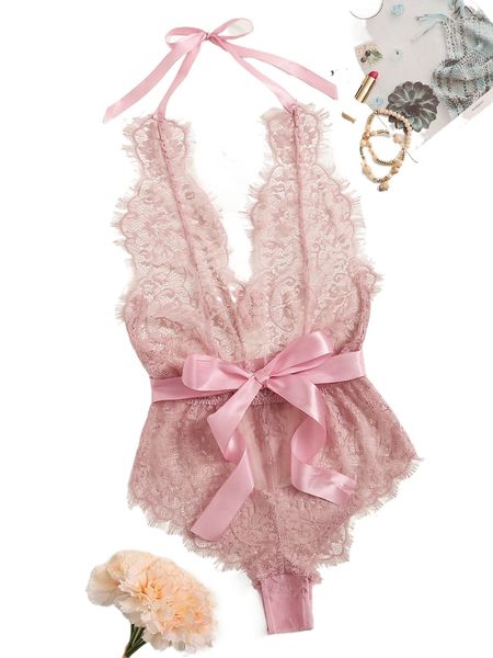 

floral lace halter teddy bodysuit j3bp#, Black;red