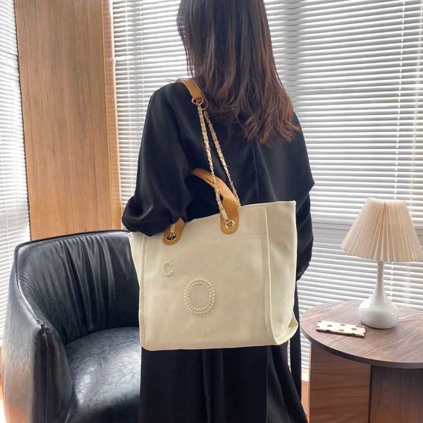

luxury high-capacity one-shoulders tote bags paris canvas pearl handbags c letter beige black chain ladies handbag document office travel