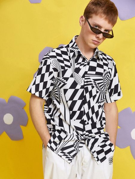 

men random geo print shirt without tee k5e8#, White;black