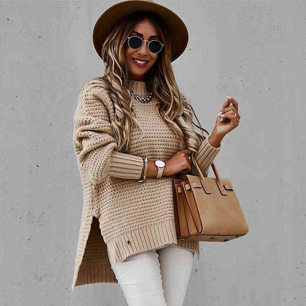 

stand collar khaki knitted oversized sweater pullovers women winter slit long sweater casual jumper l220714, White;black