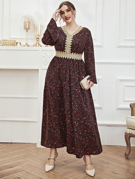 

plus ditsy floral print appliques flounce sleeve dress u5d2#, Black