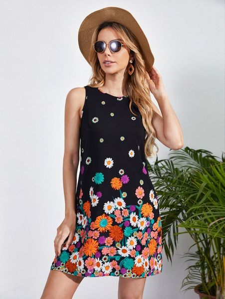 

floral print tunic dress 56cs#, Black;gray