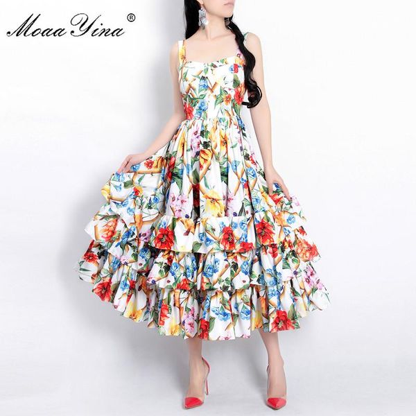 

designer fashion runway dress spring women spaghetti strap backless floral print ball gown cascading ruffle beach aa, Black;gray
