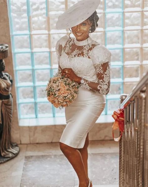 

little white dress 2023 beach short wedding dresses with long sleeve full lace high neck knee length bridal gown robe de marriag