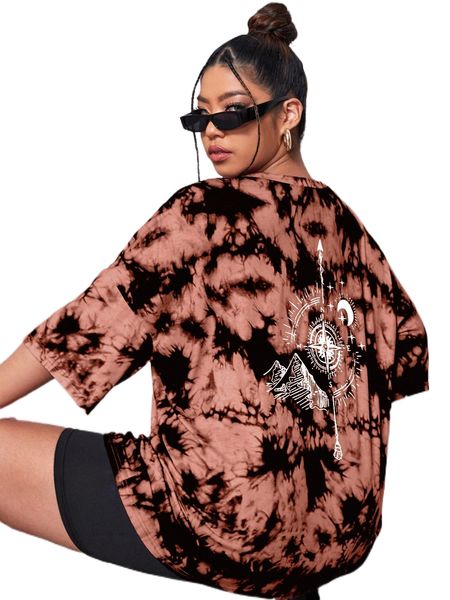 

plus moon & compass print tie dye drop shoulder tee s3g3#, Black