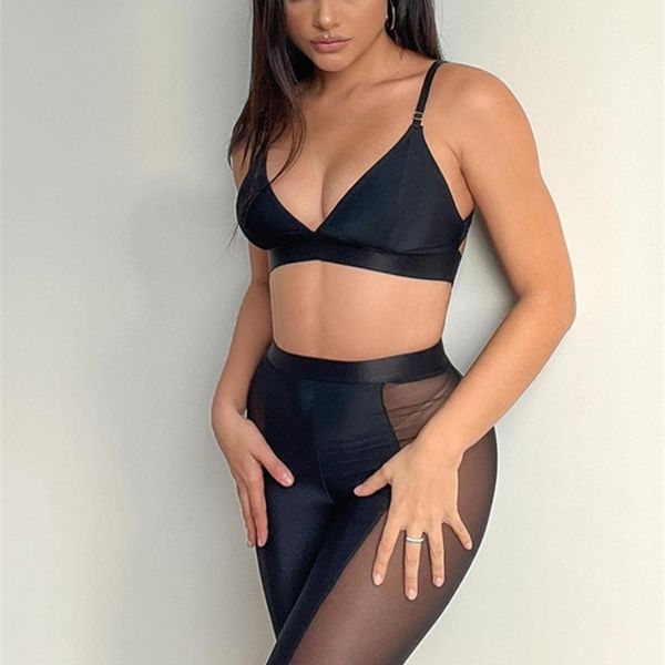 

summer sport set women 2 two piece crop bra legging shorts suits patchwork mesh fitness running biker shorts set 220514, White