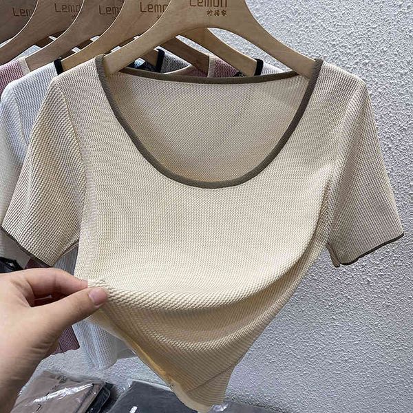 

women's t-shirt contrast u-neck short sleeve women's design sense of minority summer leisure french foreign style front shoulder t, White