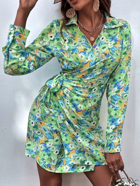 

allover floral print knot side wrap dress 16ov#, Black;gray