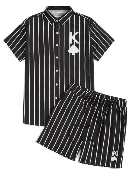 

men vertical striped playing card print shirt & drawstring waist shorts k2j5#, Gray