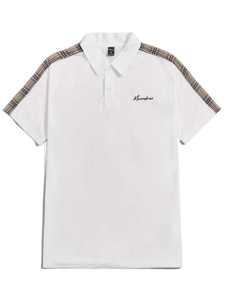 

men plaid letter embroidery contrast side seam polo shirt d86x#, White;black