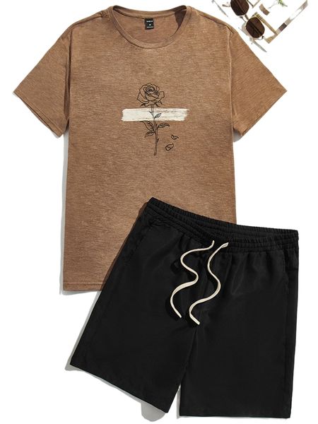 

men floral print tee & track shorts q1sv#, Gray