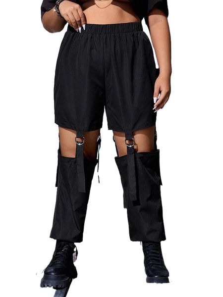 

plus cut out elastic waist pants s6c3#, Black