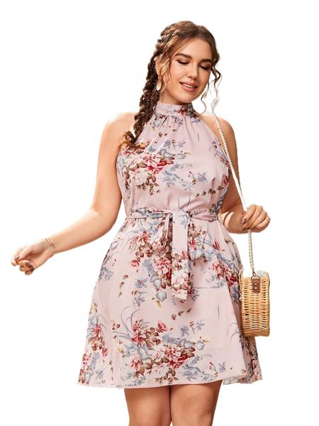 

plus floral print belted dress q6v9#, Black