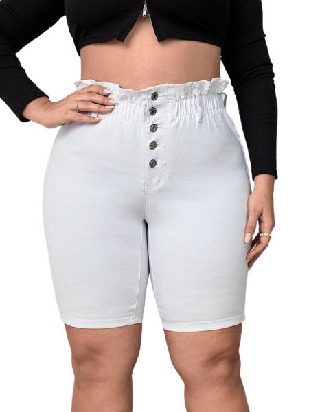 

plus button fly paperbag waist denim shorts z1mk#, White;black