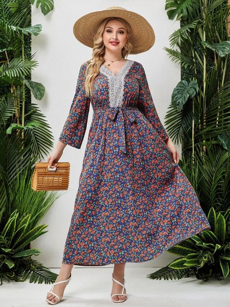 

plus allover floral contrast lace belted dress 55km#, Black