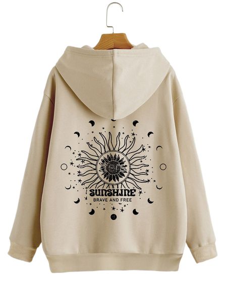 

sun & moon print drop shoulder drawstring thermal hoodie i7t5#, Black
