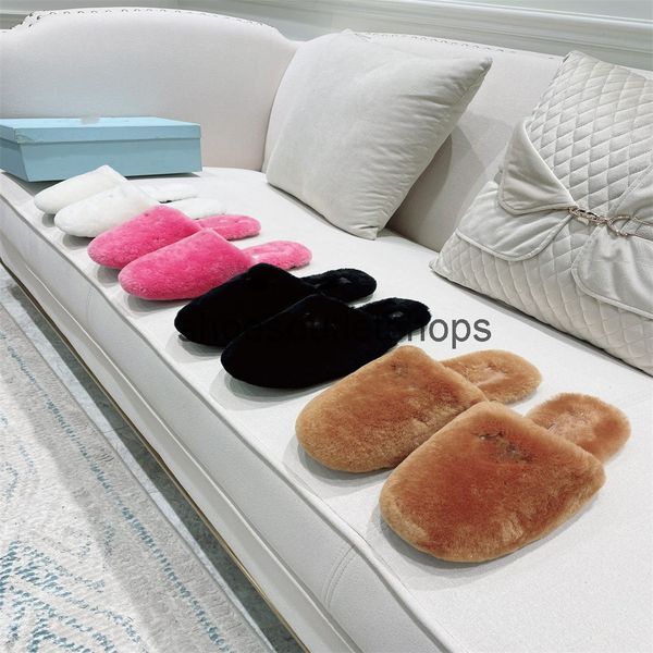 

women fur slippers designer wool slippers plush triangle metal p solid color flip flop winter warm rubber non-slip bottom cloudbust leather, Black