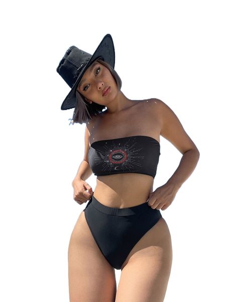 

romwe goth eye graphic bandeau bikini p4qs#, White;black
