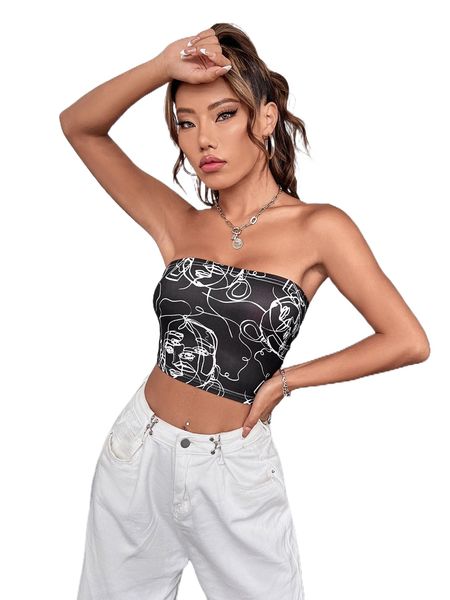 

abstract figure graphic crop tube 173z#, White