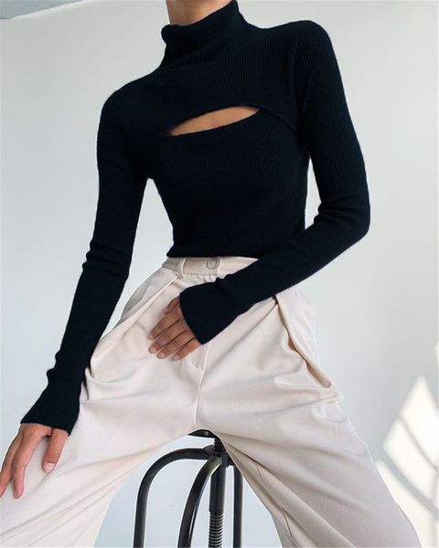 

designer shirt t shirts clothing women slim hollow out womens tshirt casual long sleeve knitted turtleneck solid color open-chested knit pu, White