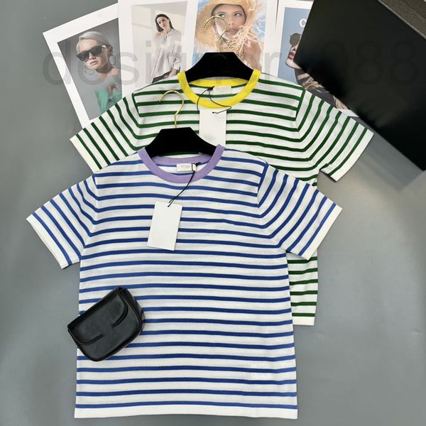 

women's knits & tees designer 2022 summer new fashion casual contrast striped round neck thin slim fit knitted pullover women's sh, White