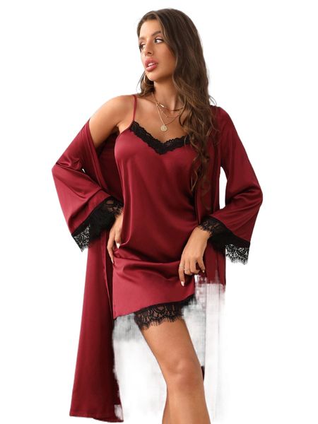 

contrast lace satin nightdress & belted robe d8uv#, Black;red