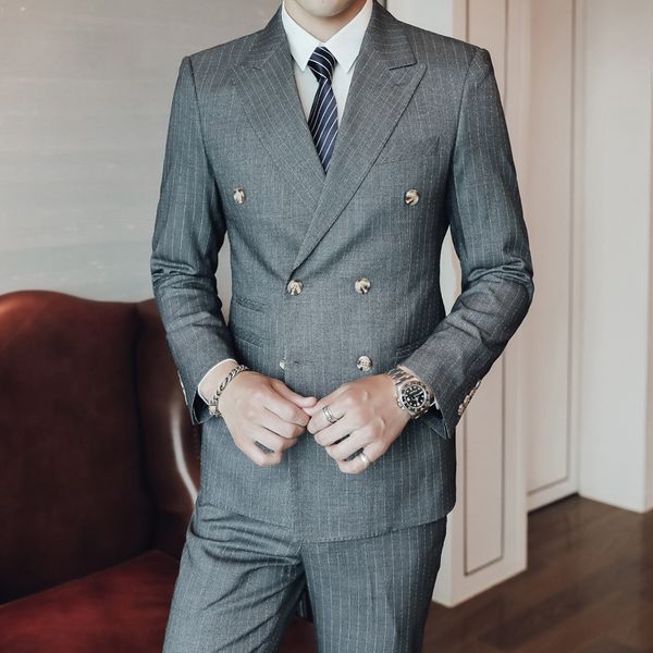 

men's suits solid color casual slim business striped suit three-piece professional double-row two-button, White;black