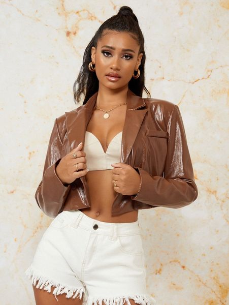 

lapel neck crop pu leather blazer 55zh#, White