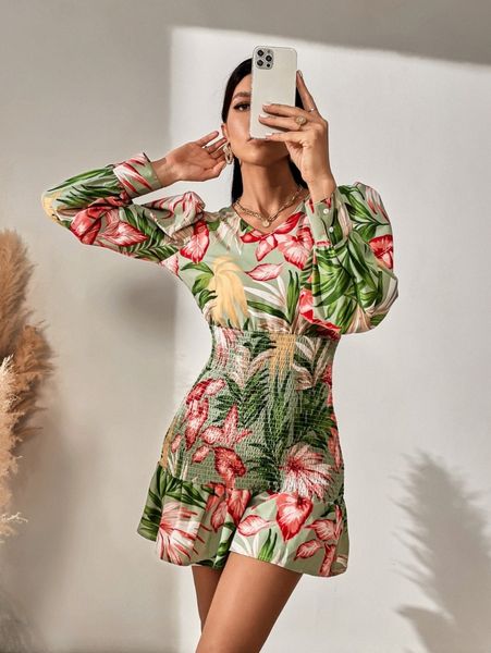 

tropical print cut out knot back shirred ruffle hem dress g2ng#, Black;gray