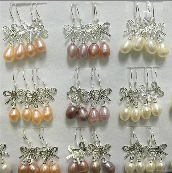 

bow style hanging pearl dangle & chandelier freshwater pearl earrings water drop beads white pink purple lady/girl fashion jewelry, Silver