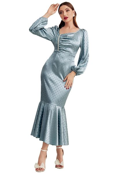 

pearls beaded ruched front polka dot ruffle hem satin dress j5nl#, Black;gray