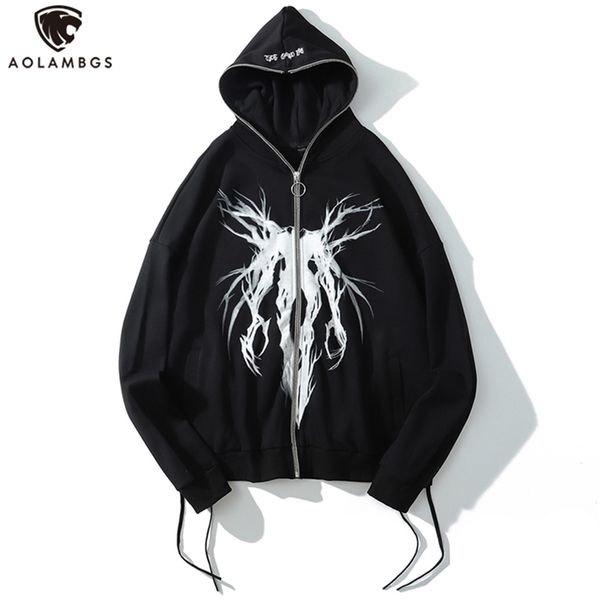 

aolamegs punk graphic print zipper ribbon hooded hoodie men casual black cool oversize coat fashion sweatshirt streetwear autumn 210730