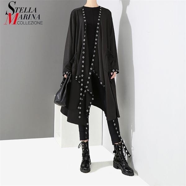 

2020 korean style women solid black unique jacket open design very long tape metal holes female stylish loose jacket cloak lj200813, Black;brown