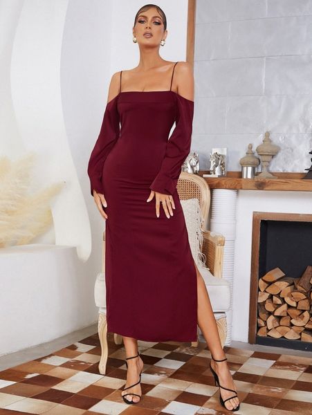 

cold shoulder slit thigh dress w0dd#, Black;gray