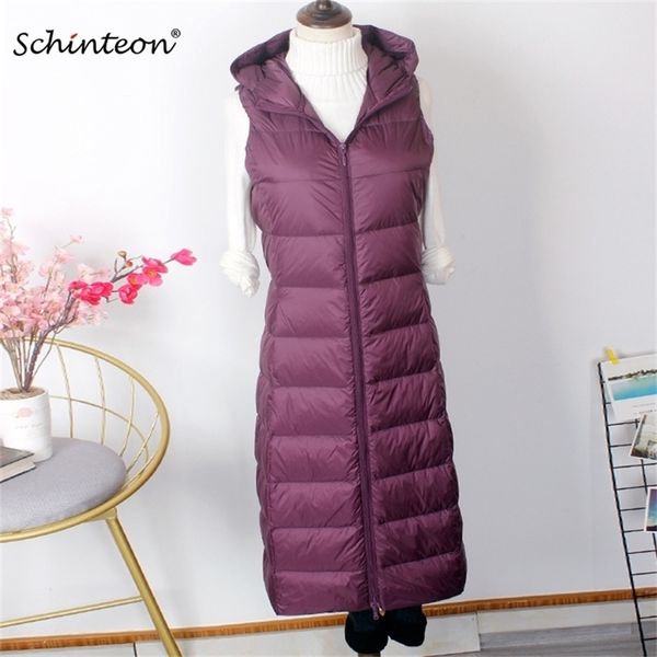 

schinteon women ultra light down long vest with hood casual slim waistcoat white duck down gilet arrival 201208, Black