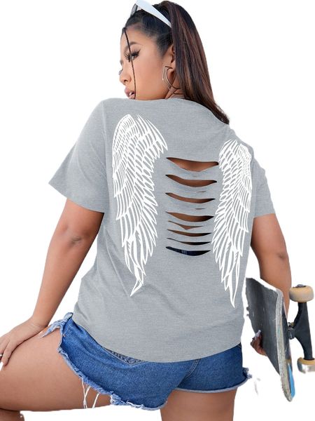 

plus wing print cut out back tee s4qj#, Black
