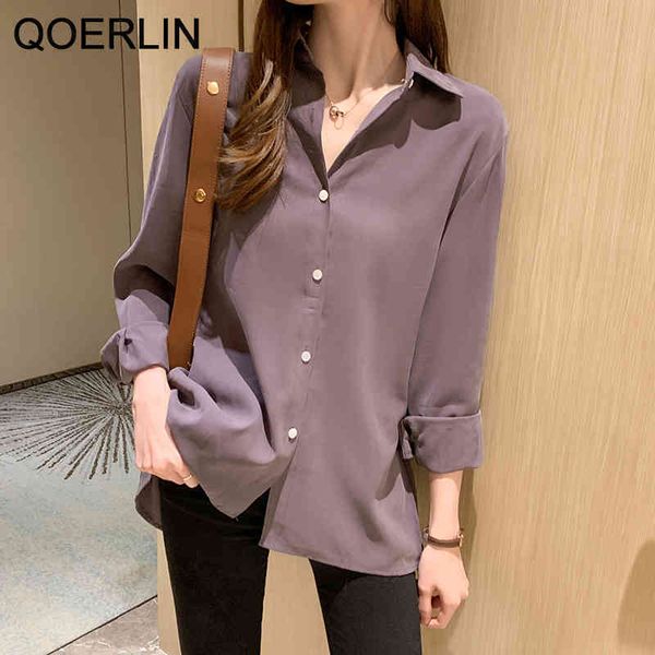 

qoerlin singlebreasted blouse women turndown collar long sleeve ladies blusa shirts spring fashion casual female 210412, White