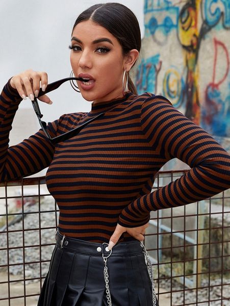 

mock-neck rib-knit striped tee y50b#, White