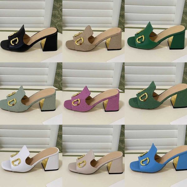 

fashion 7cm chunky high heel sandals women's double g sandal slippers 2022 summer dress wedding party shoes fairy buckle slides skirt m, Black
