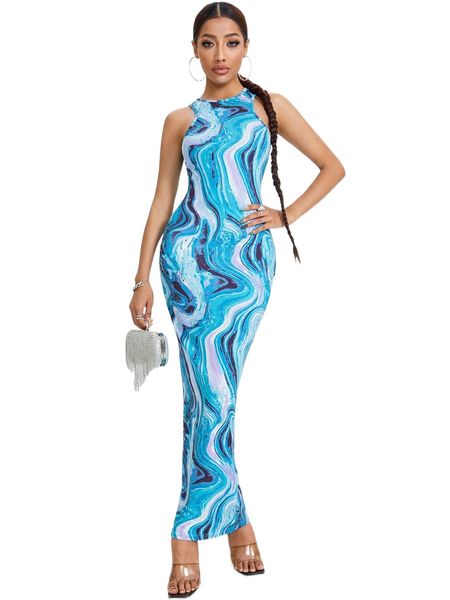 

random marble print cut out back bodycon dress m0f7#, Black;gray