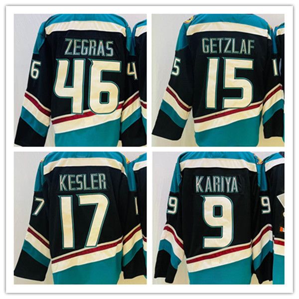 Hokey formaları Trevor Zegras 46 Ryan Getzlaf 15 Kesler 17 Teemu Selanne 8 Paul Kariya 9 Jersey Yeni Alternatif Siyah Teal Boyut S-XXXL Dikişli Erkekler