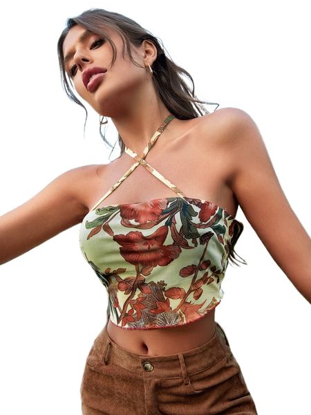 

floral print crisscross halter u0po#, White
