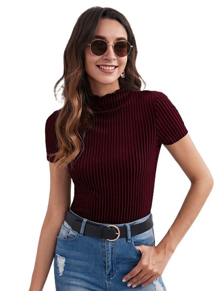 

lettuce trim mock neck velvet tee o5e4#, White
