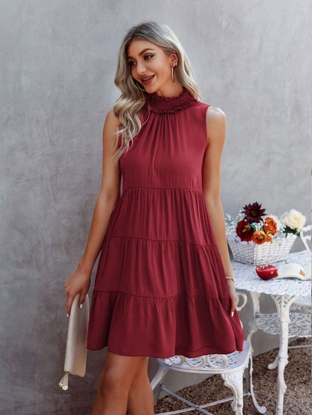 

shirred mock neck ruffle hem smock dress u8ip#, Black;gray