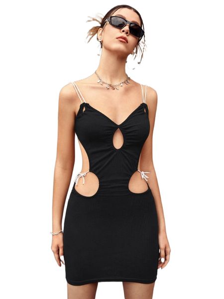 

cut out drawstring knot backless bodycon dress t49a#, Black;gray