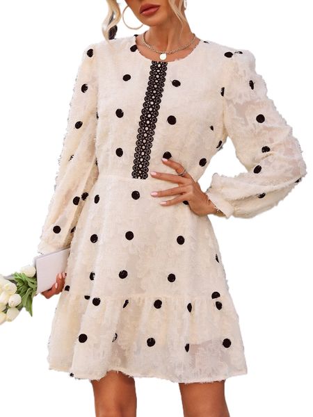 

guipure lace insert polka dot fuzzy ruffle hem dress a4re#, Black;gray